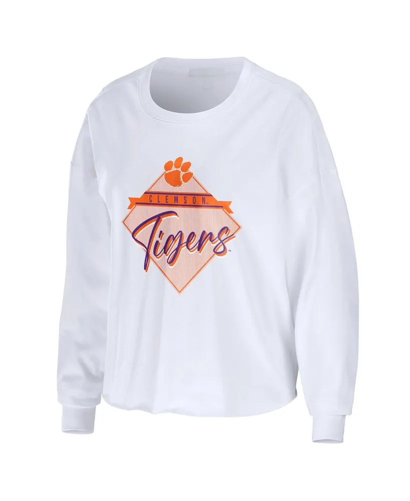 Women's Wear by Erin Andrews White Clemson Tigers Diamond Long Sleeve Cropped T-shirt