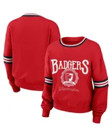 Women's Wear by Erin Andrews Red Distressed Wisconsin Badgers Vintage-Like Pullover Sweatshirt