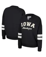 Women's Colosseum Black Distressed Iowa Hawkeyes Perfect Date Notch Neck Pullover Sweatshirt