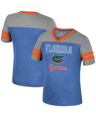 Big Girls Colosseum Royal, Heather Gray Florida Gators Summer Striped V-Neck T-shirt