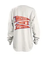 Women's Pressbox White Distressed Clemson Tigers Pennant Stack Oversized Long Sleeve T-shirt