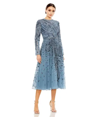 Women's Embellished Illusion High Neck Long Sleeve Dress