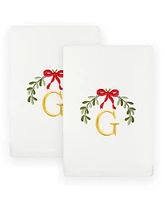 Linum Home Christmas Mistletoe Monogram White Embroidered Luxury Turkish Cotton Hand Towels, 2 Piece Set