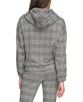 Andrew Marc Sport Women's Double Knit Glenplaid Hoodie Sweatshirt with Piping Sleeve Detail