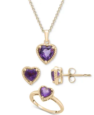 3-Pc. Set Amethyst Heart Pendant Necklace, Stud Earrings, & Matching Ring (2-1/5 ct. t.w.) in 14k Gold-Plated Sterling Silver