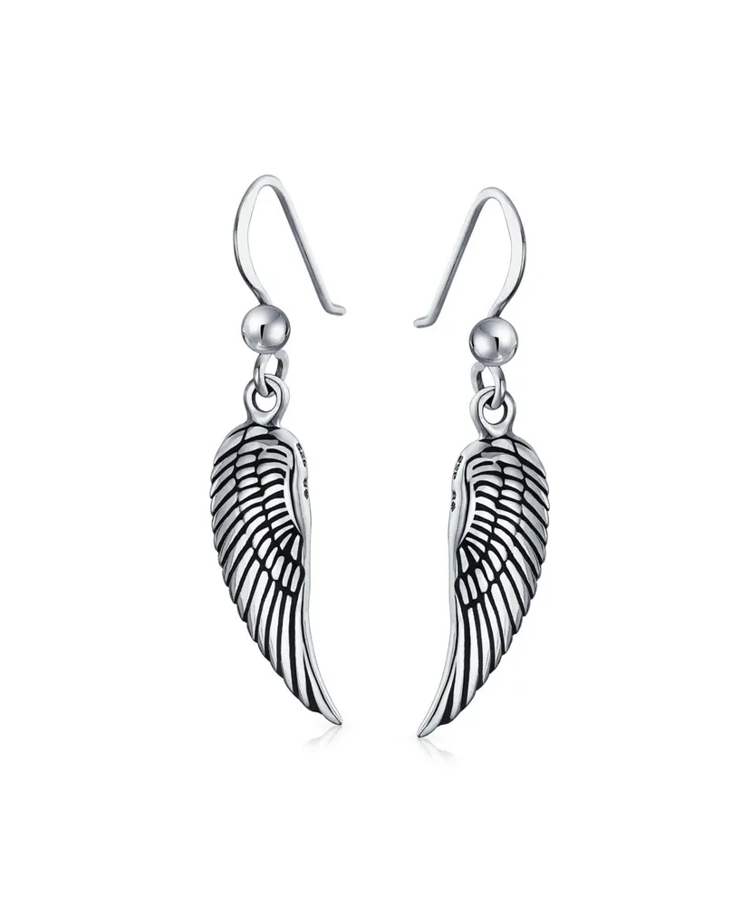 Bling Jewelry Amulet Spiritual Guardian Angel Wings Feather Dangle Earrings  For Women Teen Oxidized .925 Sterling Silver Fish Hook