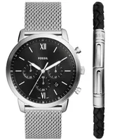 Fossil Men's Neutra Chronograph Silver-Tone Stainless Steel Mesh Watch 44mm and Bracelet Box Gift Set - Silver