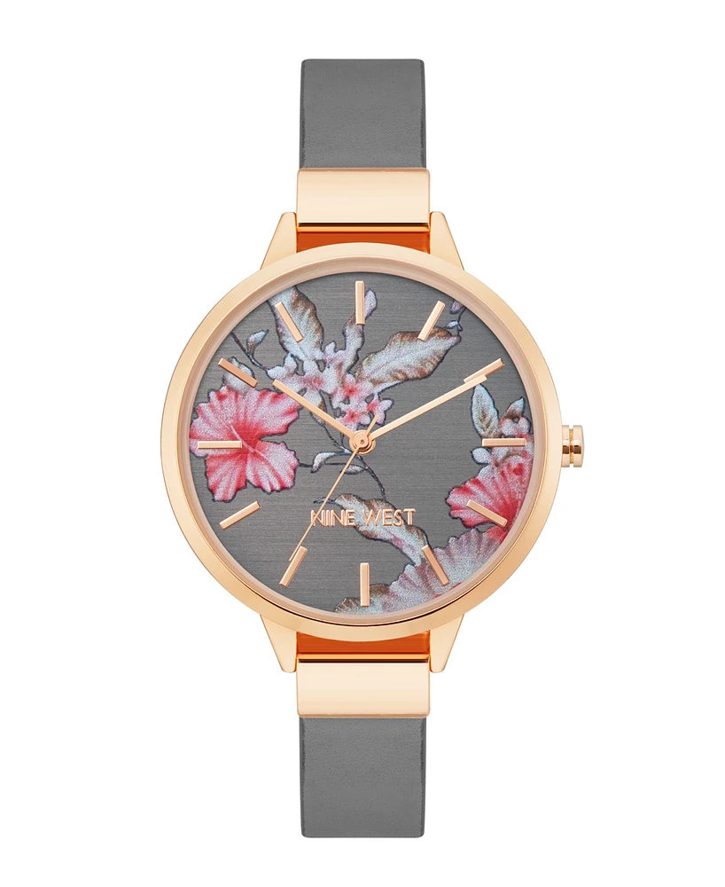 Nine West Women's Quartz Gray Faux Leather Band and Floral Pattern Watch, 38mm - Gray, Rose Gold