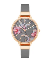 Nine West Women's Quartz Gray Faux Leather Band and Floral Pattern Watch, 38mm - Gray, Rose Gold