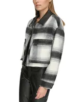 Dkny Jeans Women's Faux-Leather-Trim Cropped Plaid Jacket