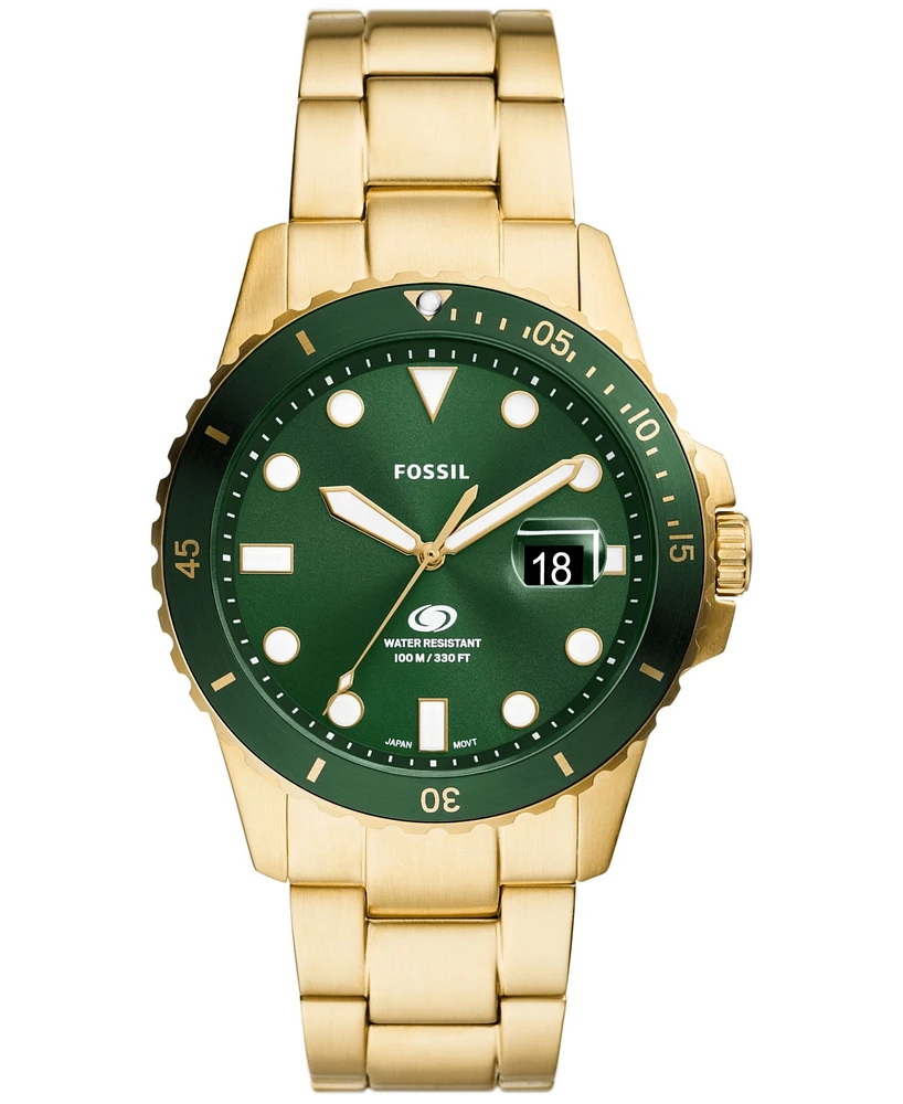 Fossil Men's Blue Dive Three-Hand Date Gold-Tone Stainless Steel Watch 42mm