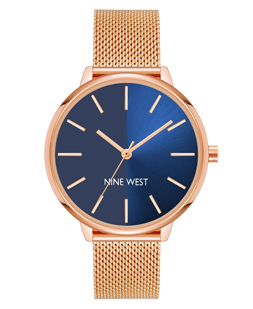 Nine West Women's Quartz Rose Gold-Tone Stainless Steel Mesh Band Watch, 40mm - Navy, Rose Gold