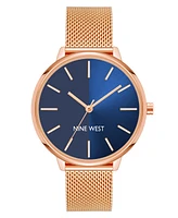 Nine West Women's Quartz Rose Gold-Tone Stainless Steel Mesh Band Watch, 40mm - Navy, Rose Gold