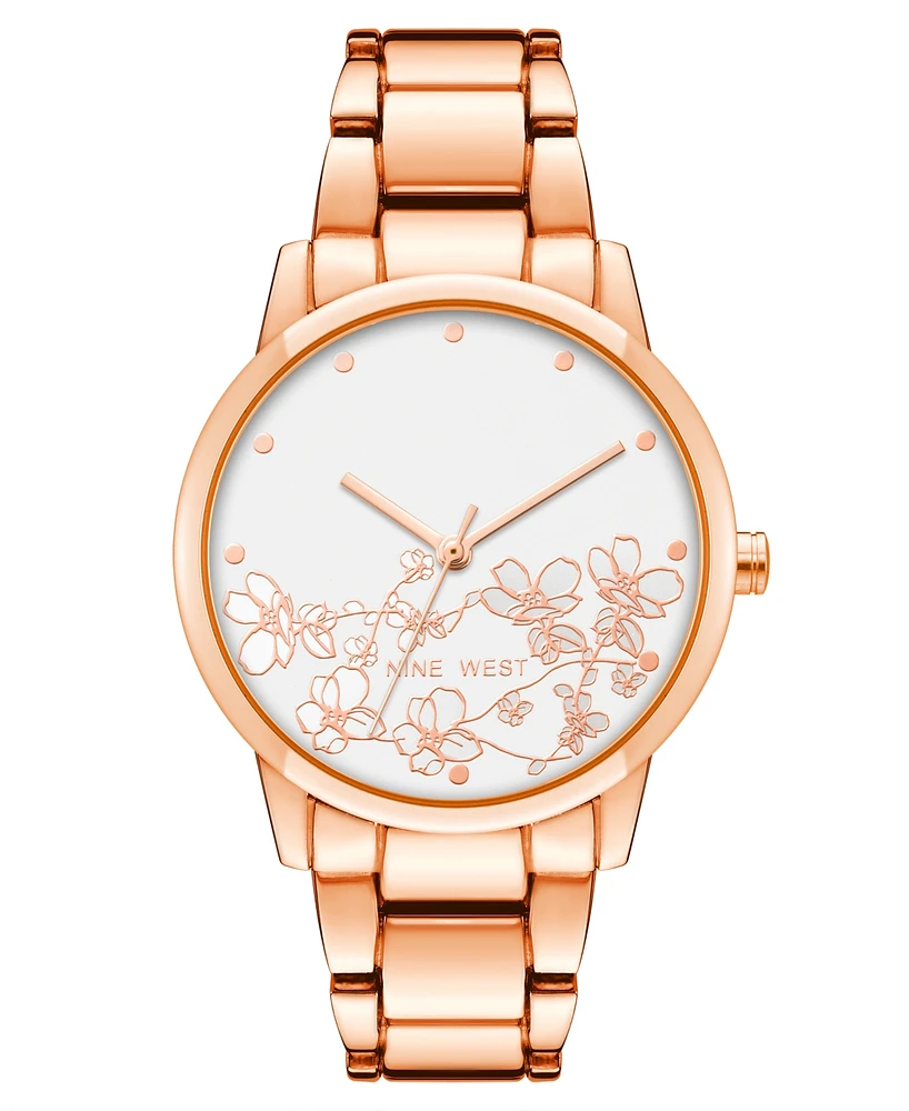 Nine West Women's Quartz Rose Gold-Tone Alloy Link Bracelet and Floral Pattern Watch, 35mm