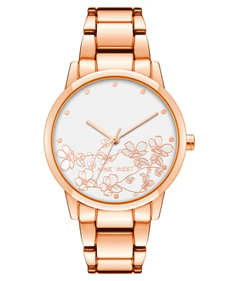Nine West Women's Quartz Rose Gold-Tone Alloy Link Bracelet and Floral Pattern Watch, 35mm