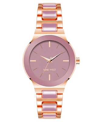 Nine West Women's Quartz Mauve Enamel and Rose Gold-Tone Alloy Link Bracelet Watch, 34mm - Mauve, Rose Gold