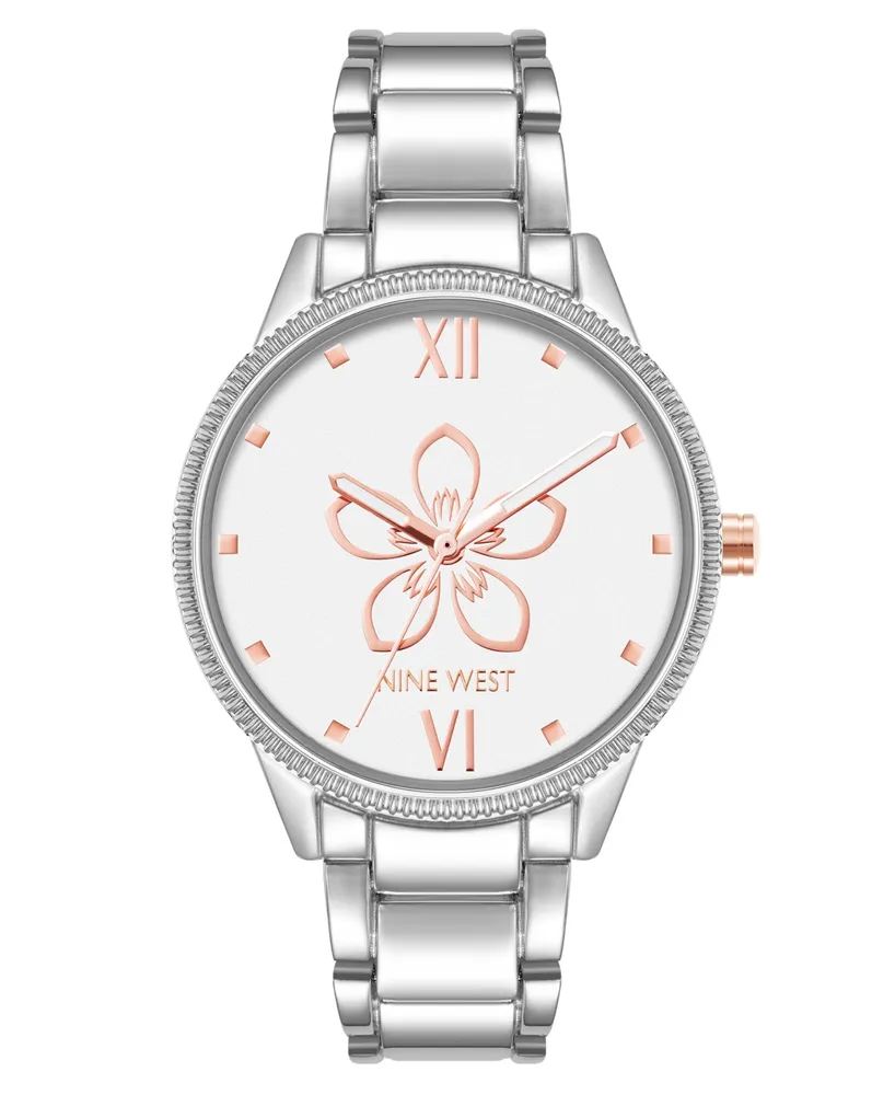 Nine West Women's Quartz Silver-Tone Alloy with Flower Watch, 34mm - Silver-Tone, Rose Gold