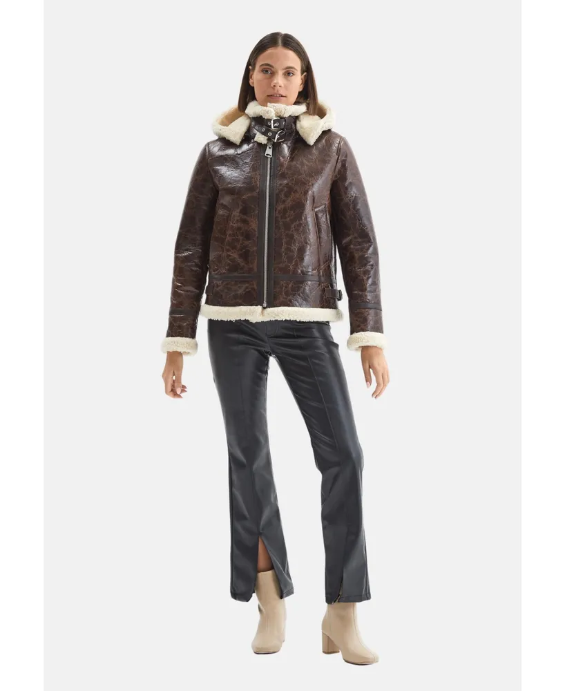 Women's Detachable Hooded Shearling Jacket, Cracked Brown with Beige Curly Wool