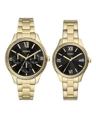 Fossil His and Hers Multifunction Gold-Tone Stainless Steel Watch Box Set, 42mm 38mm - Gold