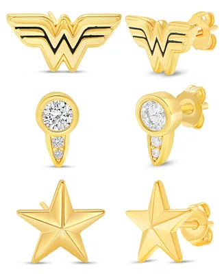 Dc Comics Wonder Woman Gold Plated Stud Earrings Set - 3 Pairs