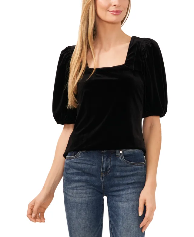 COZYEASE Women's Asymmetrical Neck Puff Short Sleeve Shirt Solid
