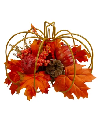 Autumn Harvest Maple Leaf and Berry Pumpkin Tabletop Centerpiece, 12"