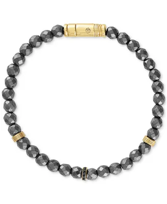Esquire Men's Jewelry Hematite Bead & Black Diamond Bracelet (1/20 ct. t.w.) in 14k Gold-Plated Sterling Silver, Created for Macy's