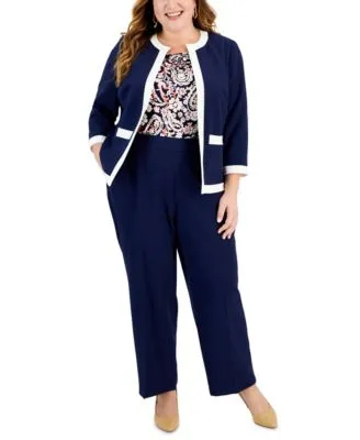 Kasper Plus Size Contrast Trim Framed Blazer Paisley Cowlneck Top Pull On Stretch Crepe Pants