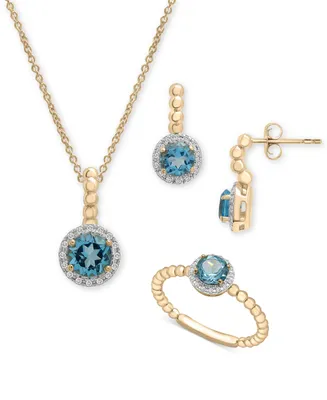 3-Pc. Set Blue Topaz (1-3/4 ct. tw) & Diamond Accent Pendant Necklace, Matching Ring & Drop Earrings in 14k Gold-Plated Sterling Silver
