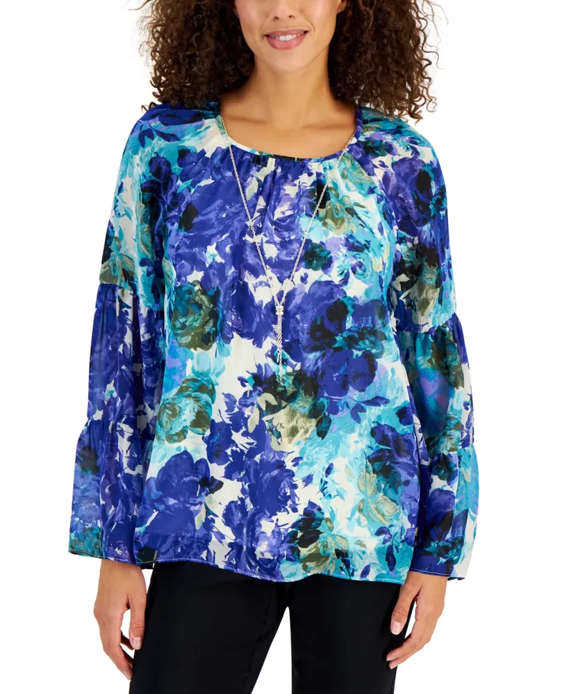 Jm Collection Claudette Rose-Print Tiered-Sleeve Necklace Top, Created for Macy's