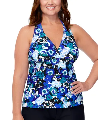 Island Escape Plus Size Floral-Print H-Back Tankini Top, Created for Macy's