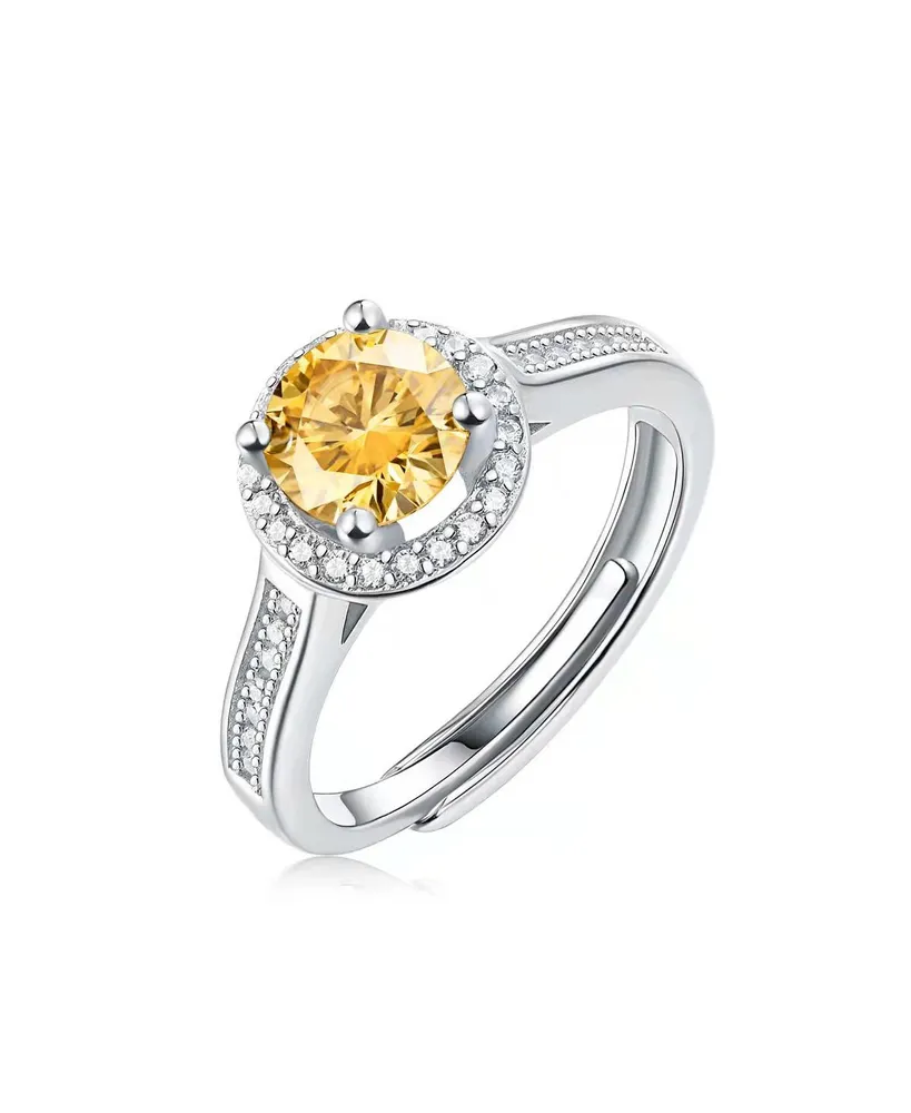 Sterling Silver White Gold Plated with 2ctw Fancy Yellow & White Lab Created Moissanite Halo Engagement Anniversary Adjustable Ring