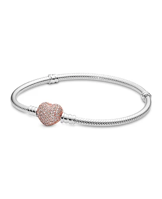 Pandora Moments Cubic Zirconia Pave Heart Clasp Snake Chain Bracelet