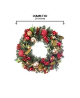 Village Lighting 30" Lighted Christmas Wreath, Scarlet Hydrangea