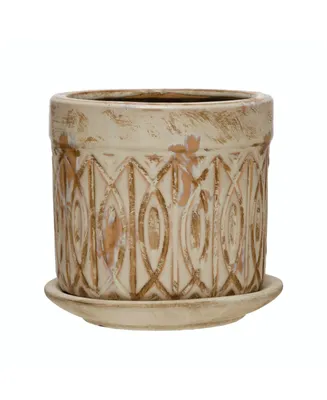 Debussed Terra-Cotta Planter with Pattern and Saucer