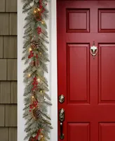 National Tree Company 9'x12" Feel Real Snowy Bristle Berry Garland with Red Berries, Mixed Cones & 50 Clear Lights