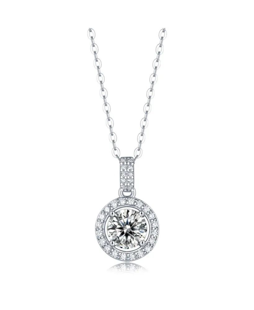 Sterling Silver White Gold Plated with 2ctw Lab Created Moissanite Round Halo Cluster Pendant Necklace
