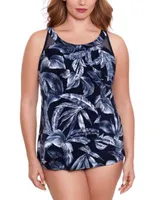 Miraclesuit Plus Size Ursula Printed Underwired Tankini Top Solid Swim Bottoms