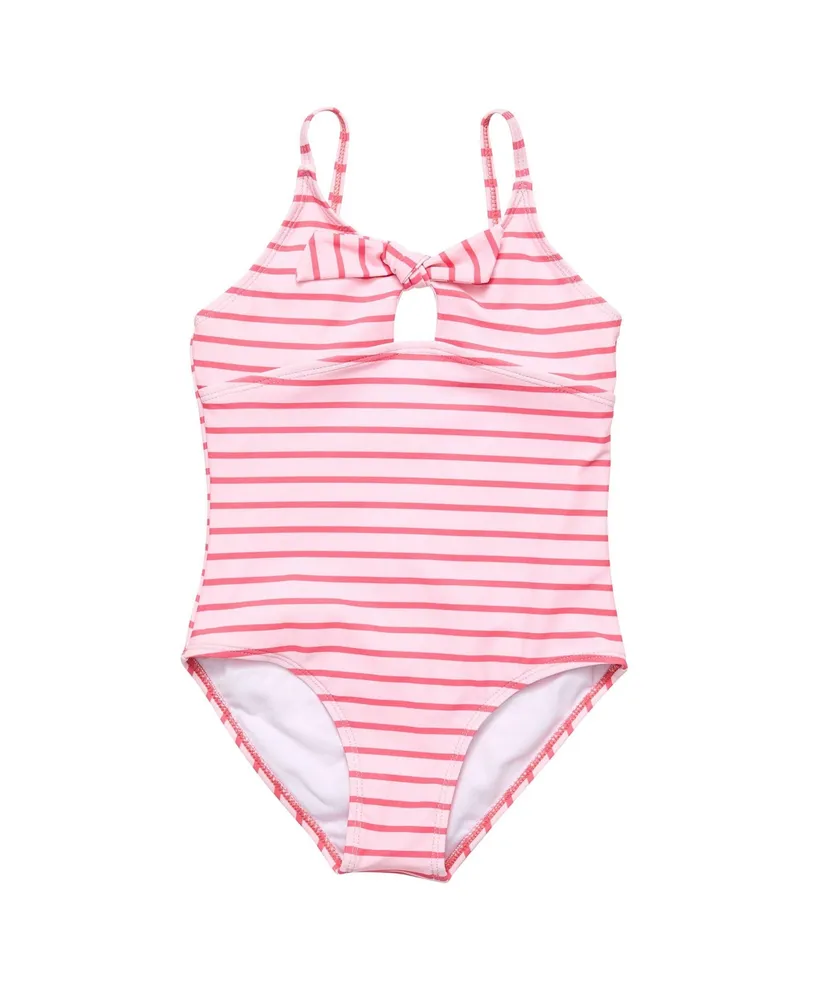 Toddler, Child Girls Coral Stripe Sustainable Bow Swimsuit