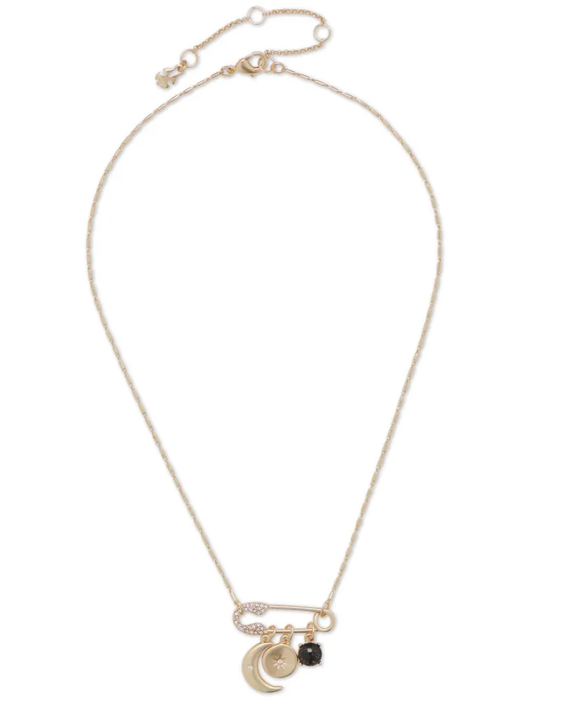 Lucky Brand Gold-Tone Mixed Stone Safety Pin & Celestial Charm Pendant Necklace, 16" + 3" extender