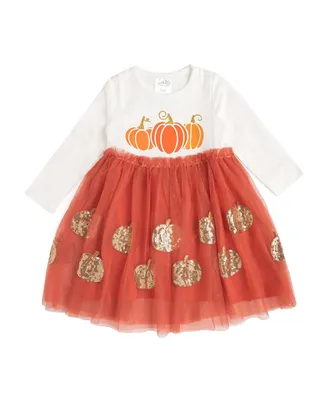 Little and Big Girls Pumpkin Long Sleeve Tutu Dress