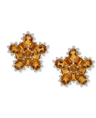 Citrine (1-5/8 ct. t.w.) & Diamond (1/10 ct. t.w.) Flower Stud Earrings in 14k Gold