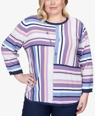 Alfred Dunner Plus Lavender Fields Blocked Stripe Shirttail Sweater with Necklace