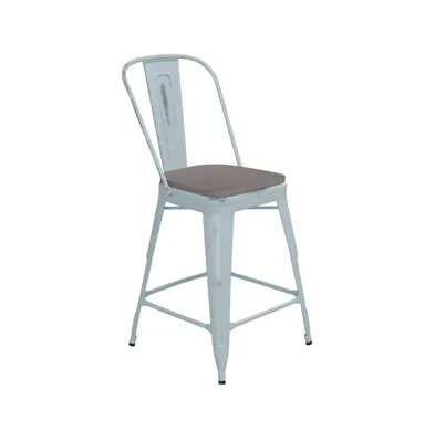 Nova Distressed Metal Stools With Backs And Polystyrene Seats For Indoor/Outdoor Use