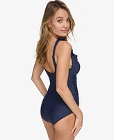 Dkny Ruffle Plunge Underwire Tummy Control One-Piece Swimsuit