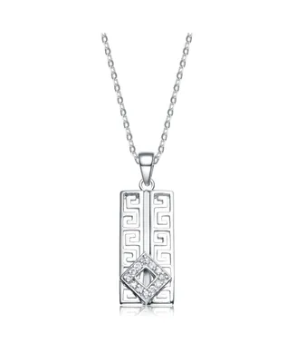 Sterling Silver White Gold Plated with White Cubic Zirconia Rectangular Frame Pendant