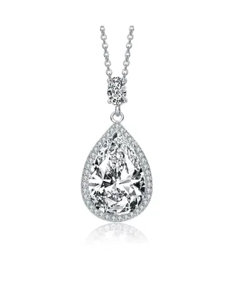 Sterling Silver White Gold Plated Clear Pear with Oval and Round Cubic Zirconia Accent Drop Necklace