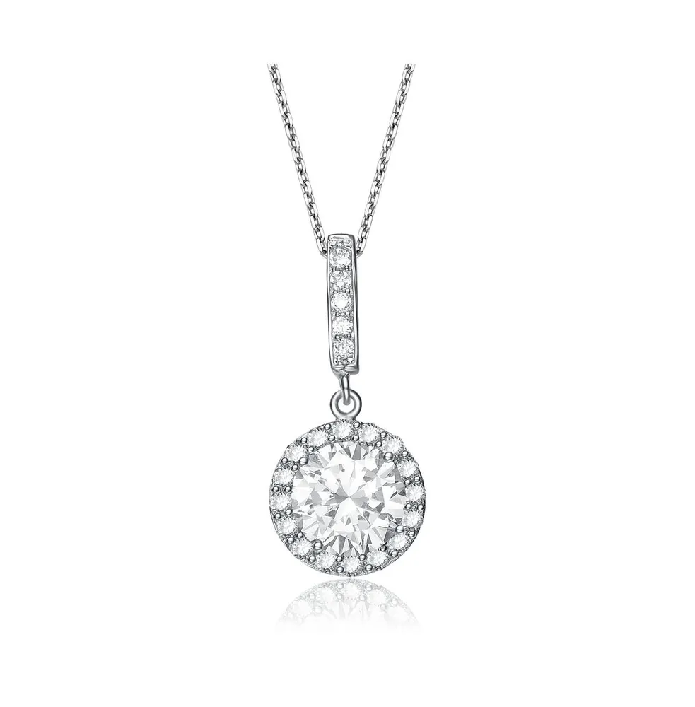 Sterling Silver White Gold Plated Cubic Zirconia Round Stud Style Drop Pendant