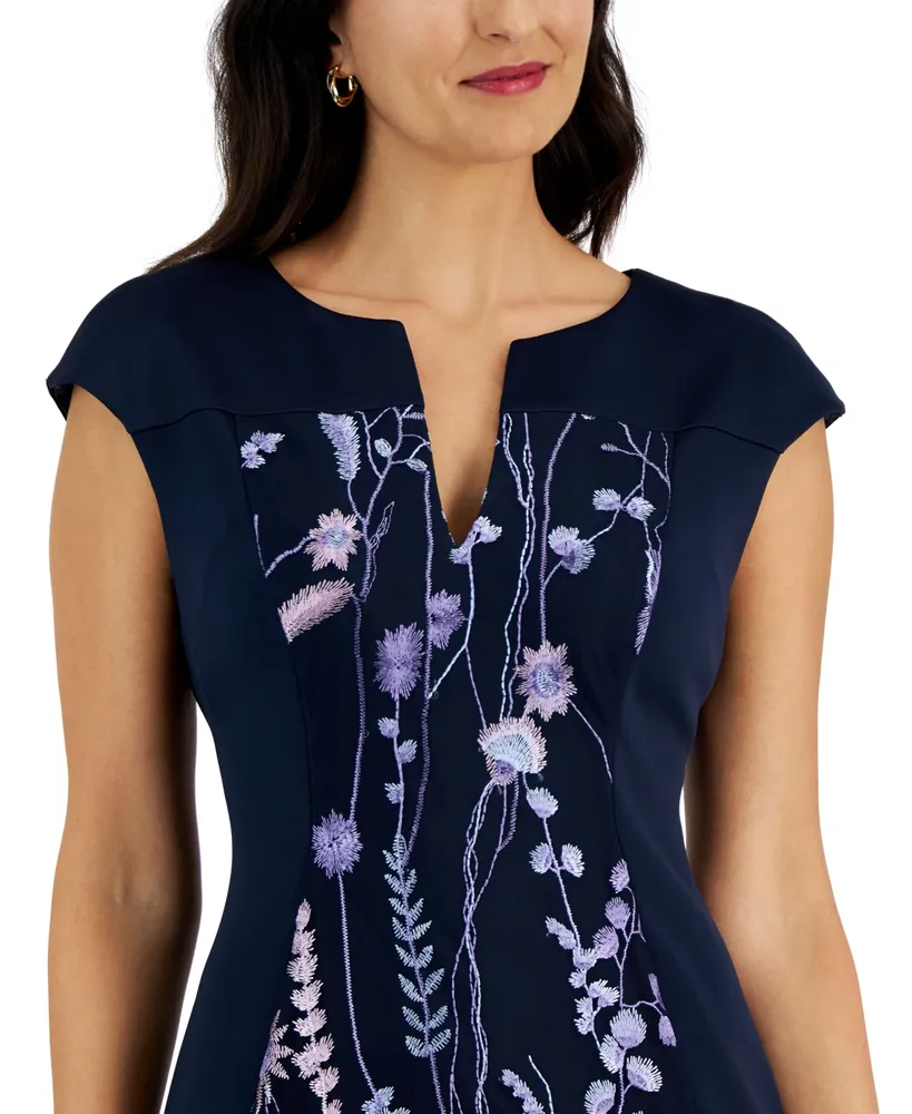Connected Petite V-Neck Embroidered Sheath Dress