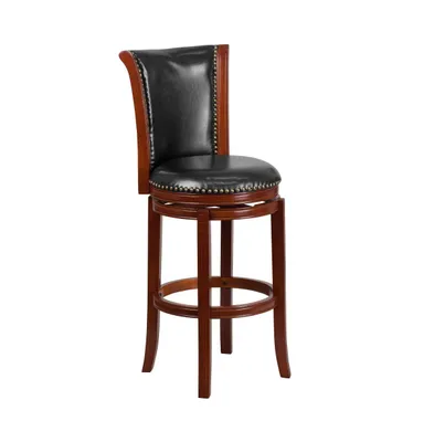 Marin 30" Wooden Bar Stool With Upholstered Swivel Seat & Panel Back With Nail Head Trim